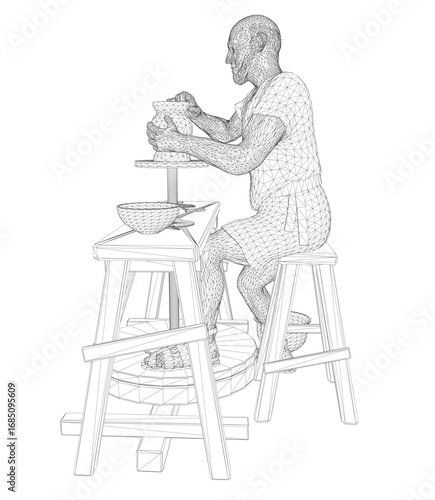 A male sculptor working at a pottery wheel, shaping a clay bowl with wireframe tools on a white background.