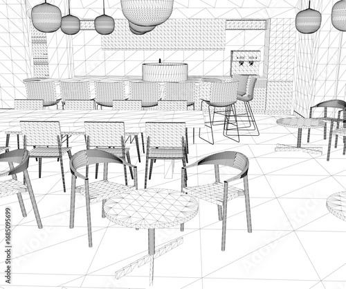 Restaurant interior 3D model with tables, chairs, and hanging lamps, featuring a kitchen area and wireframe design.