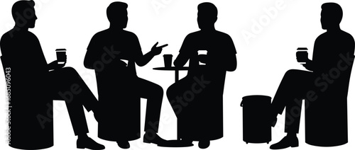 Silhouette of four men sitting and chatting with coffee cups, casual meeting, social gathering, conversation, friendship, relaxation, informal discussion, teamwork, break time
