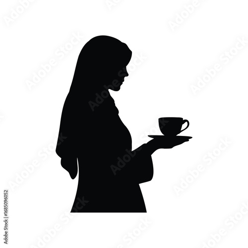 Elegant silhouette of a woman in hijab offering a cup of coffee, woman with hijab holding coffee cup silhouette vector illustration