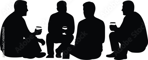 Silhouette of four men sitting on floor holding coffee cups, casual meeting, friendship, relaxed discussion, break time, social interaction, teamwork, informal gathering