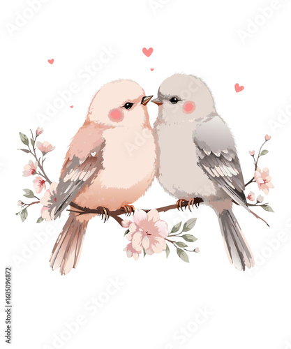 Two adorable watercolor birds sharing a tender moment on a blooming branch with hearts isolated on transparent background