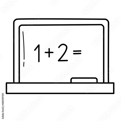 Laptop screen with math equation line art icon, minimalist outline style, school education symbol for online study and teaching.
