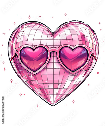 Pink heart disco ball wearing heart shaped sunglasses with sparkles isolated on transparent background