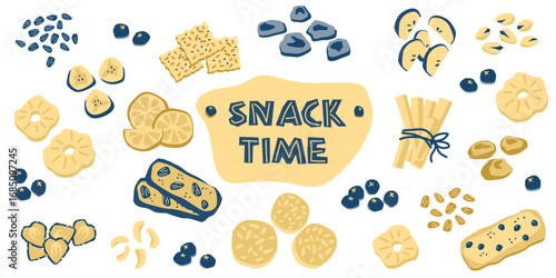 Vector set of healthy snack elements with dried fruits, seeds, nuts, crackers, granola bars and berries in flat style for clean eating, wellness, and organic food concepts