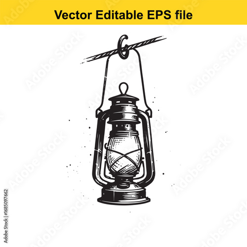 Vintage kerosene lantern hanging from a hook, isolated on white background