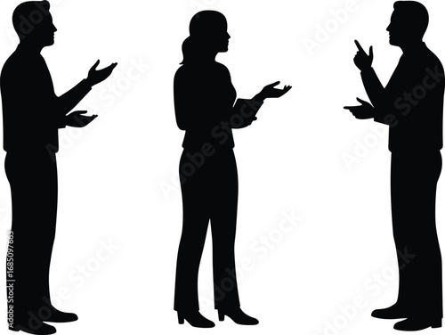 Silhouette of three business professionals engaged in discussion, communication, teamwork, collaboration, office debate, business meeting, formal attire, professional interaction, workplace dialogue