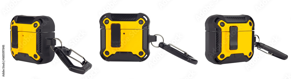 Fototapeta premium set of protective case with carabiner for wireless headphones, isolated from the background 