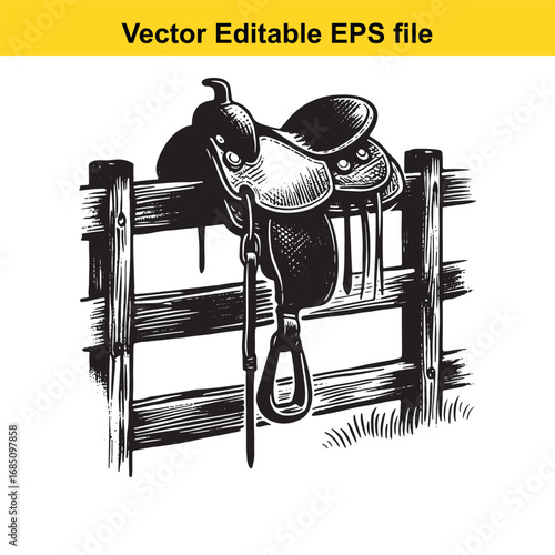 Western saddle resting on a wooden fence in a vintage illustration style