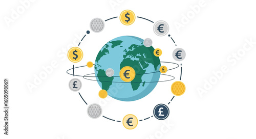 Global currency exchange, illustrated as various international currencies orbiting the Earth.