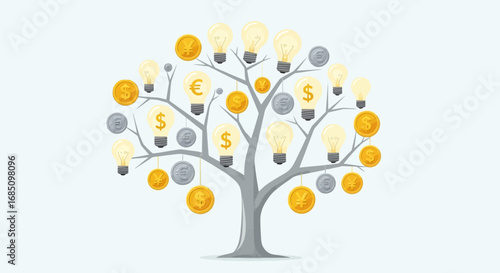 A stylized tree bearing lightbulbs and coins, symbolizing financial innovation and growth.