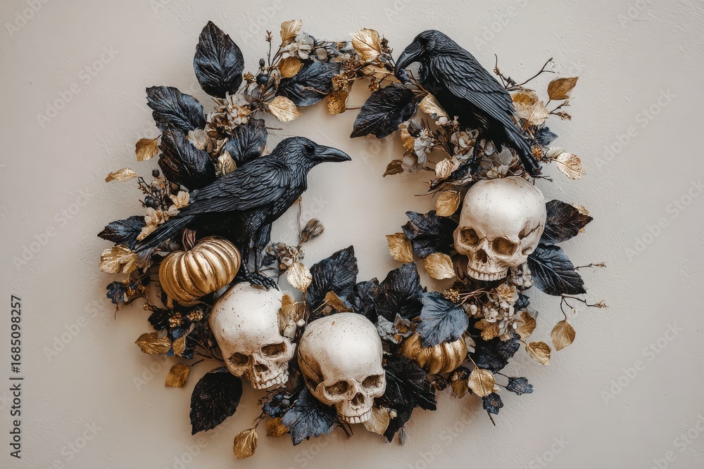 Obraz premium A decorative Halloween wreath featuring black ravens, gold pumpkins, and white skulls, arranged on a muted beige background.