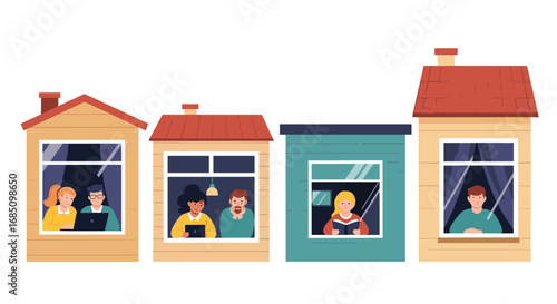 Community connection through home windows people engaging in various activities indoors representing social interaction