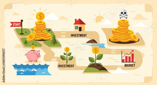 Financial journey map illustrating investment growth, risk, and market fluctuations.