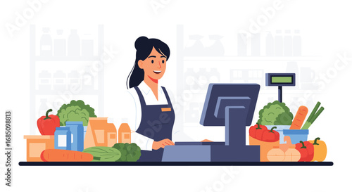 Friendly grocer assisting customers at a busy supermarket checkout counter with fresh produce and shelves stocked with goods