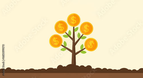 Illustration of a money tree with dollar coins growing from its branches, symbolizing financial growth and investment.