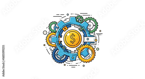 A gold coin, symbolizing finance, is centrally positioned within a complex system of interconnected gears, representing financial mechanisms and processes.