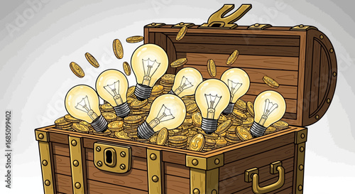 An open treasure chest overflowing with glowing light bulbs and scattered gold coins, symbolizing a wealth of innovative ideas and inspiration.