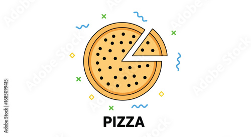 Vector illustration of slice of pepperoni pizza with colorful confetti