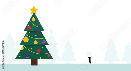 Joyful christmas eve celebration under a decorated evergreen tree with falling snowflakes and happy winter scene