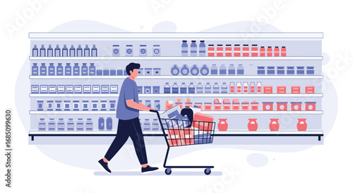 Man pushing shopping cart through aisle filled with products in a supermarket grocery store