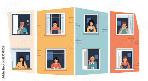 People in apartment windows communicating and working from home during challenging times of isolation and connection