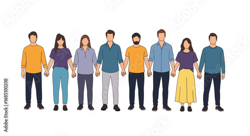 Diverse group of people standing together holding hands in a unified line