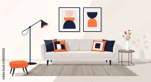 Modern living room design featuring a cozy sofa and artistic wall decor with a stylish floor lamp and accent ottoman