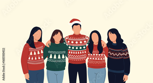 Festive family gathering celebrating the holiday season in cozy christmas sweaters and a santa hat