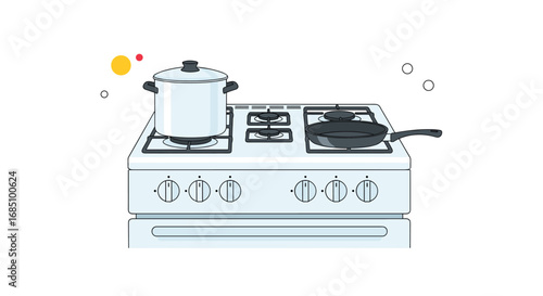 A white gas stove with a pot and a frying pan on top cooking delicious food for a family meal creating a warm atmosphere
