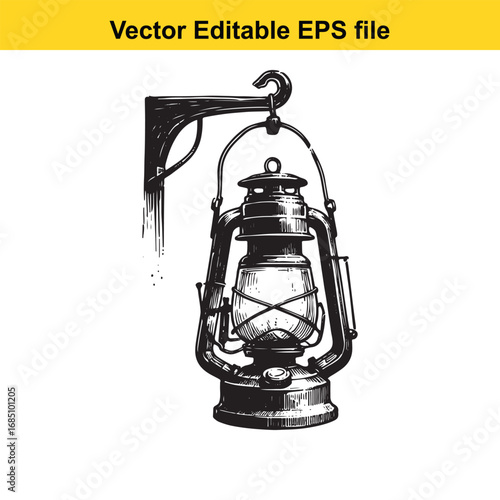 Vintage kerosene lantern hanging from a bracket, isolated on white background