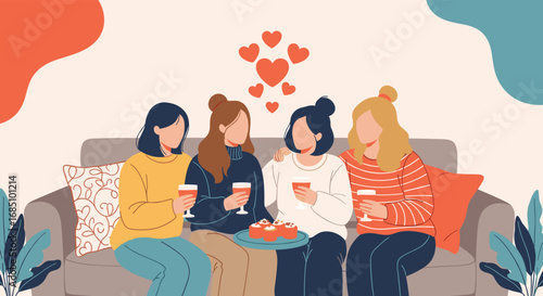 Four friends gathered together enjoying drinks and conversation on a sofa celebrating friendship and connection