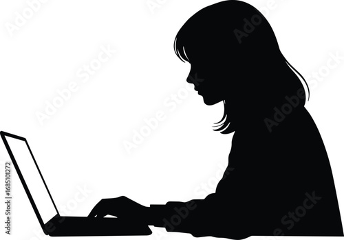Silhouette of woman working on laptop, female professional, remote work, digital nomad, businesswoman typing, technology use, focused on computer screen