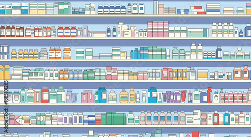 Extensive collection of pharmaceutical products arranged on pharmacy shelves