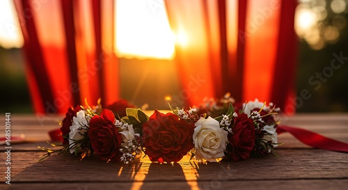 Fototapeta Naklejka Na Ścianę i Meble -  Red and white rose floral crown on wooden table with sunset light flower wreath roses