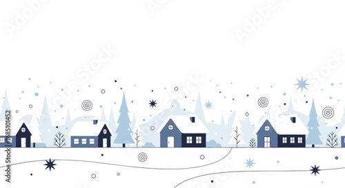 Charming winter village scene with falling snow and cozy houses surrounded by evergreen trees perfect for holiday decorations