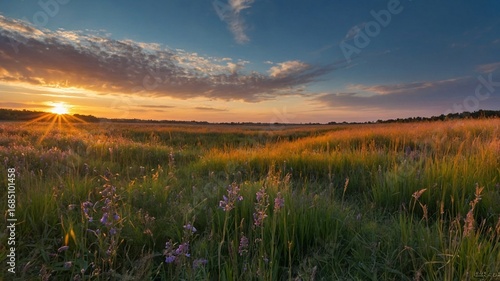 A serene sunset over a vibrant field featuring tall grasses and blooming wildflowers, creating a peaceful and colorful landscape.