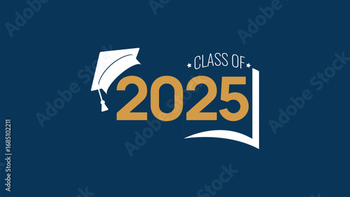 Class of 2025. Gold number, education academic cap and open book on blue background. Template for graduation design frame, high school, college congratulation graduate, yearbook. Vector illustration.