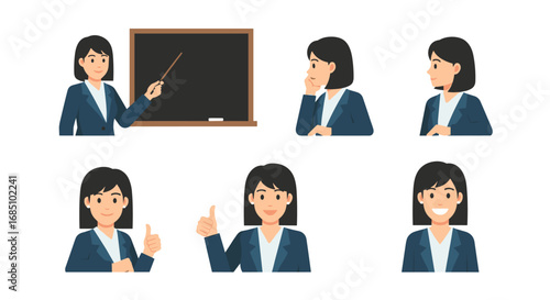Female teacher character set at a blackboard. Vector illustration of a woman professor explaining, presenting, and giving a thumbs up.