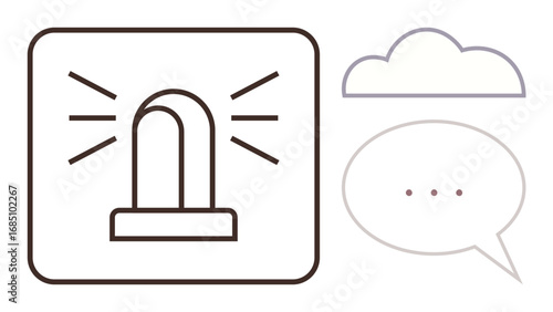 Alarm light with radiating lines beside cloud and speech bubble with ellipsis. Ideal for communication, notification, emergency, alert, warning, collaboration, security. Simple flat metaphor