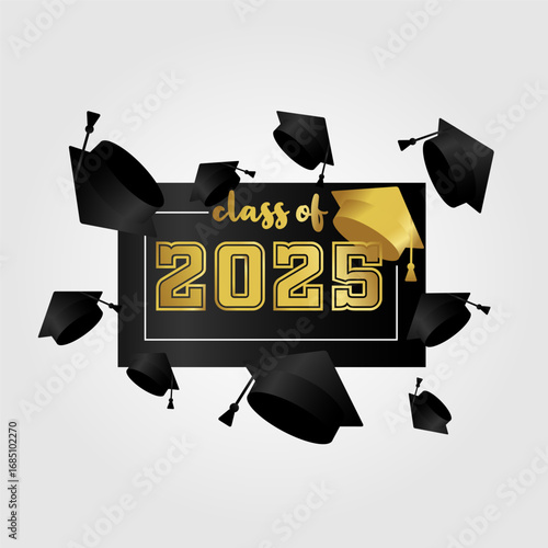 Class of 2025. Gold number with education academic cap on white background. Template for graduation design frame, high school or college congratulation graduate, yearbook. Vector illustration