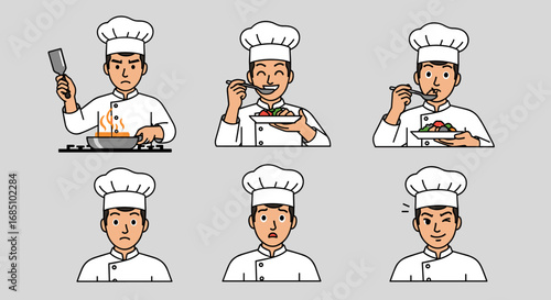 Professional chef character set in various poses. Vector illustration of a cook in a uniform holding a plate, giving a thumbs up, and presenting.