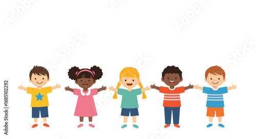 Happy diverse children standing together with arms outstretched celebrating friendship and unity in a fun cartoon style