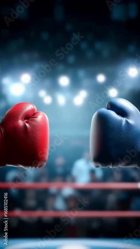 Boxing with red and blue gloves, Boxers touching boxing gloves before fight, boxing ring on background, Sport and game competition concept	