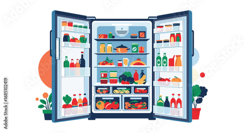 A fully stocked refrigerator with fresh produce and various food items organized neatly inside its open doors