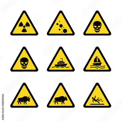 General purpose road hazard and warning signs. Vector collection of various yellow triangle traffic safety symbols for drivers.