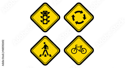 Yellow diamond road sign collection. Vector set of traffic signs including traffic light ahead, roundabout, pedestrian crossing, and bicycle area.