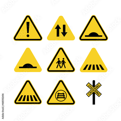 Road warning signs vector collection. Set of yellow triangle traffic safety symbols, including falling rocks, slippery road, and other hazard alerts.