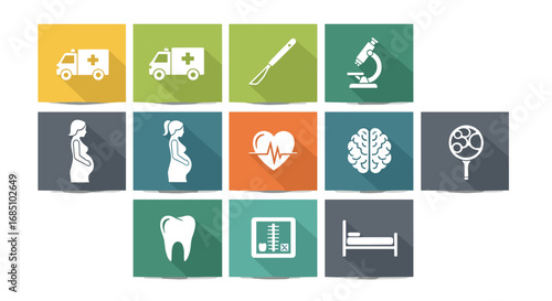 Medical and healthcare flat icon set. Colorful square symbols for hospital and science, including ambulance, microscope, brain, and dental care.