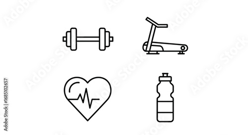 Fitness and gym workout line icon set. Vector symbols for exercise and healthy lifestyle, including dumbbell, treadmill, heartbeat, and water bottle.